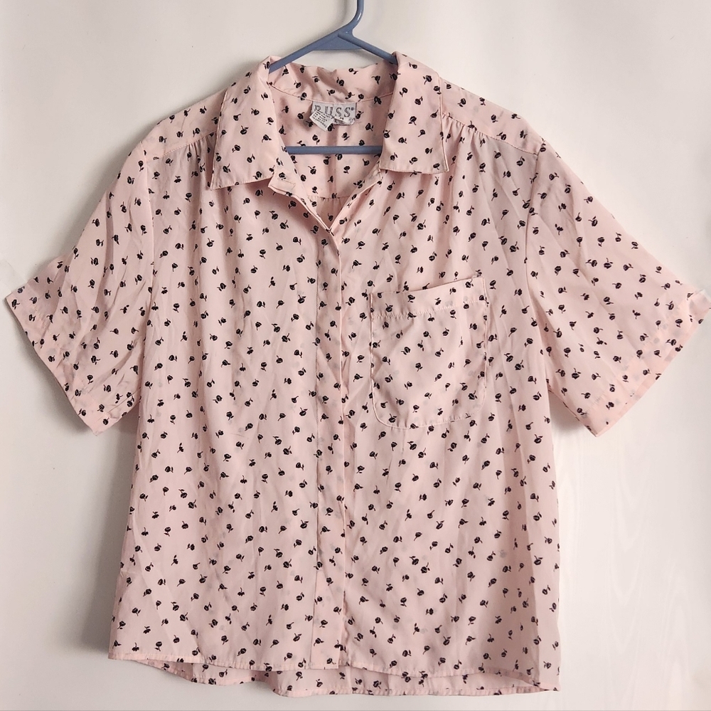 Vintage Russ Light Baby Pink Black Floral Design Button-Up Blouse Size 14